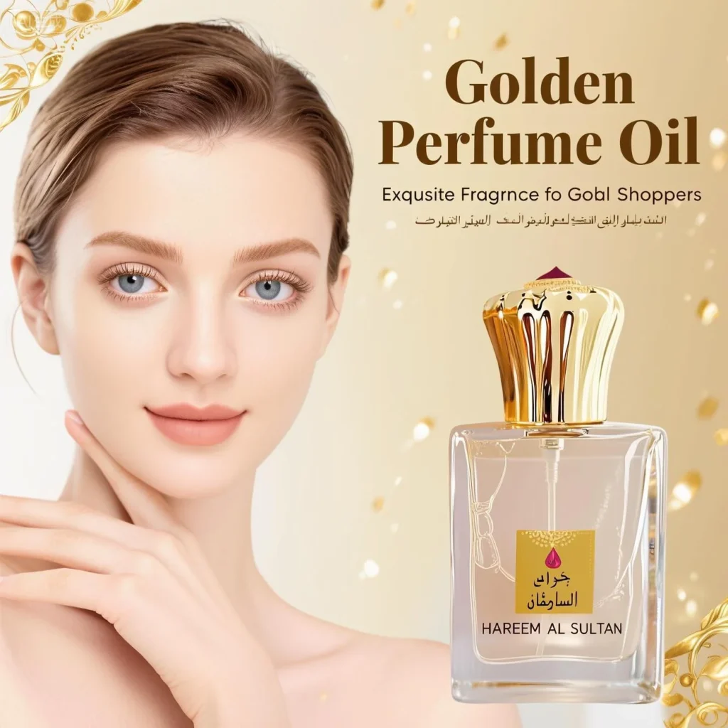 Fragrância de longa duração Harim Al-Sultan Golden Perfume Oil – Notas árabes, mistura de madeira de agar, âmbar e rosa